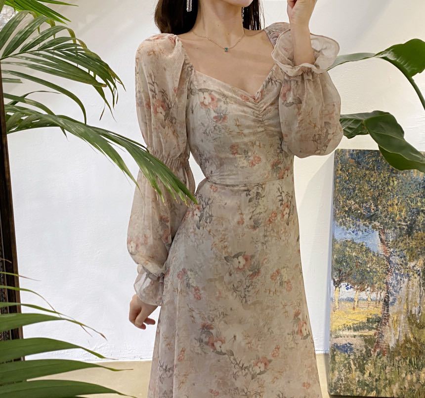 Korean Sweet Romantic Floral Print Dresses Chiffon Puff Sleeve V-neck Chic Vestidos Vintage Elegant Pleated Dress 25535 210422