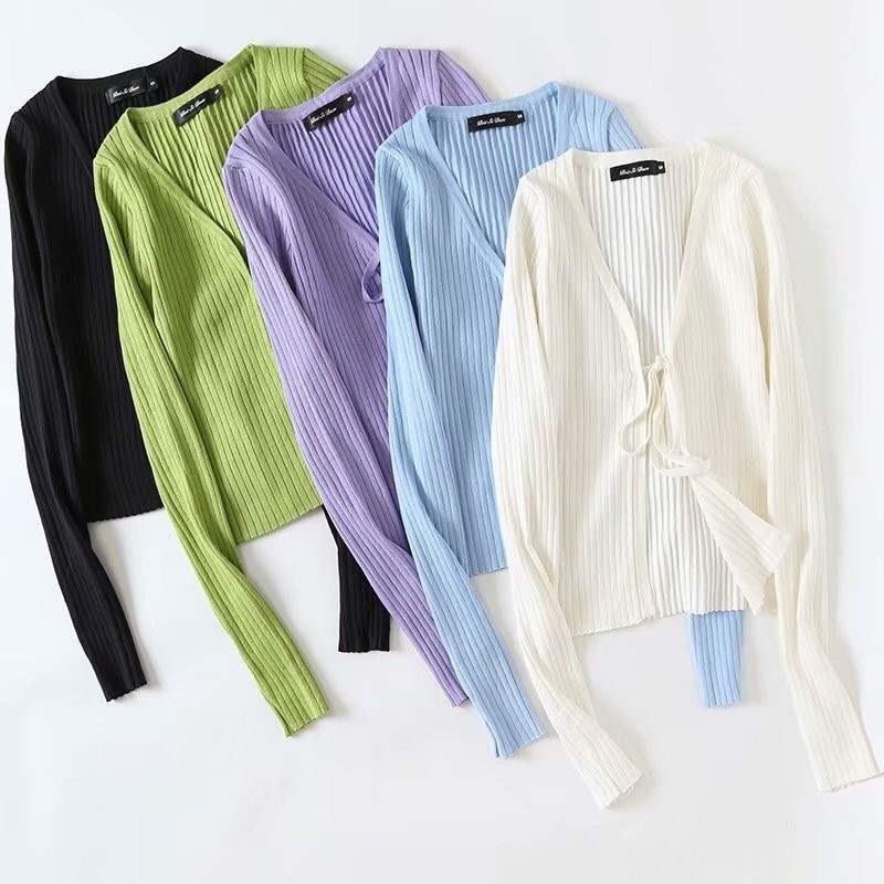 Streetwear Tie Bandage Knitted Cardigan Sweater Retro Woman Long sleeve Bow Cropped Jumper Sexy Clothes 210429