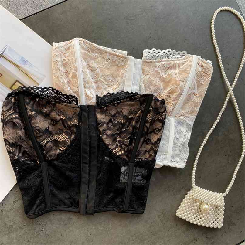 Women Fashion Ins Thin Lace Lingerie Sexy Sleeveless Bustier Corset Crop Tops Korean Clothing Camis R094 210527