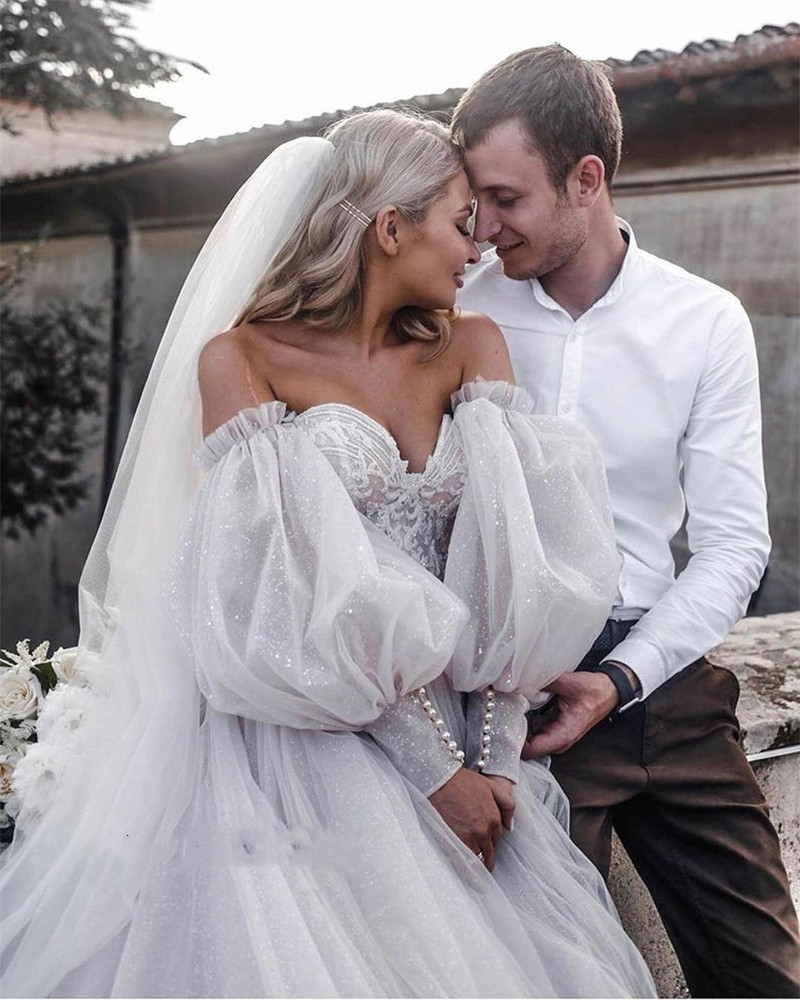 A-Line Boho Wedding Dresses With Detachable Puff Sleeve Bride Dress Glitter Sparkly Lace Bridal Gowns Beach Sweetheart Long Vestidos De Novia
