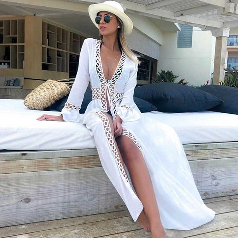 Geometric Round Hollow Out Micro Flared Sleeves Beach Tunic Long Robe Summer Elegant Ladies White Dress Bikini Cover-Ups 210604