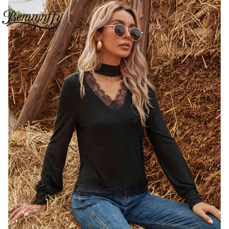 Choker Neck Lace Patchwork Fashion T Shirt Women Spring Fall Black Cut Out Long Sleeve Female Elegant Tshirt Tops 210510