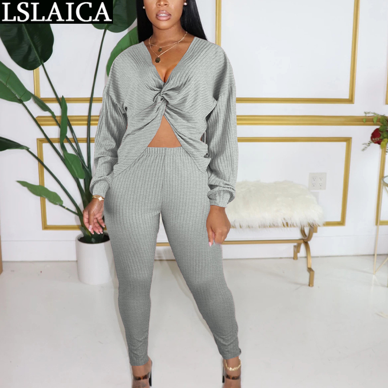 2 Piece Sets Womens Outfits Sexy Long Sleeve Hollow Top Slim Pants Solid Clothes Tracksuit Women Lounge Wear Autumn Plus Size 210520