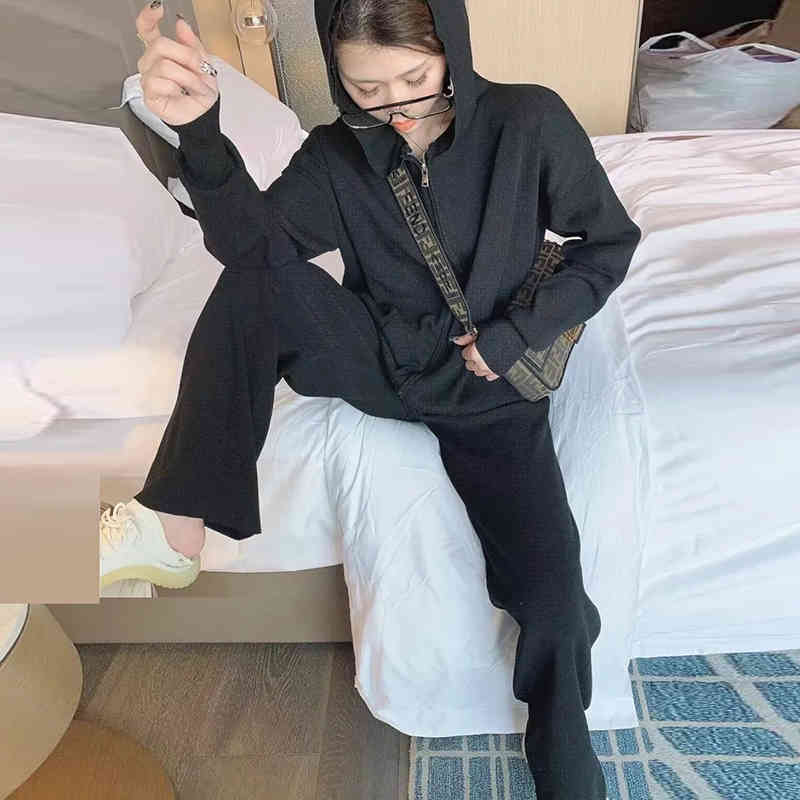 Fashion Solid Knitted 2-Piece Suits Women Double Dlider Zipper Hooded Cardigan Basic Straight Leg Trousers Spring Sets 210522