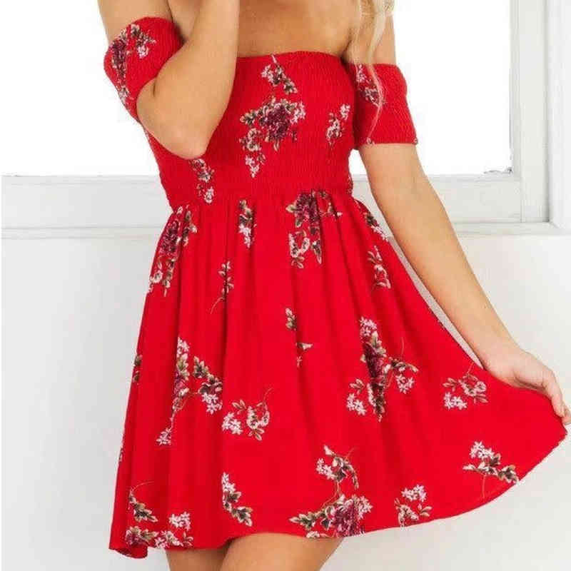 Sexy Off Shoulder Dresses Summer Night Party Fashion Print Seaside Holiday Chiffon Women Robe Femme 14132 210508