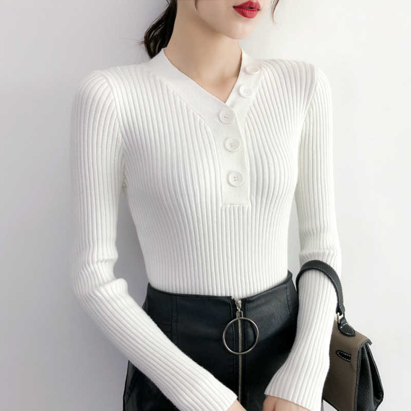 Sweater For Women Long Sleeve Autumn Sweter Women Pullover Button V-neck Knitted Sweter Womens Clothing Tops Female C65 210602, White
Sweater For Women Long Sleeve Autumn Sweter Women Pullover Button V-neck Knitted Sweter Womens Clothing Tops Female C65 210602, White