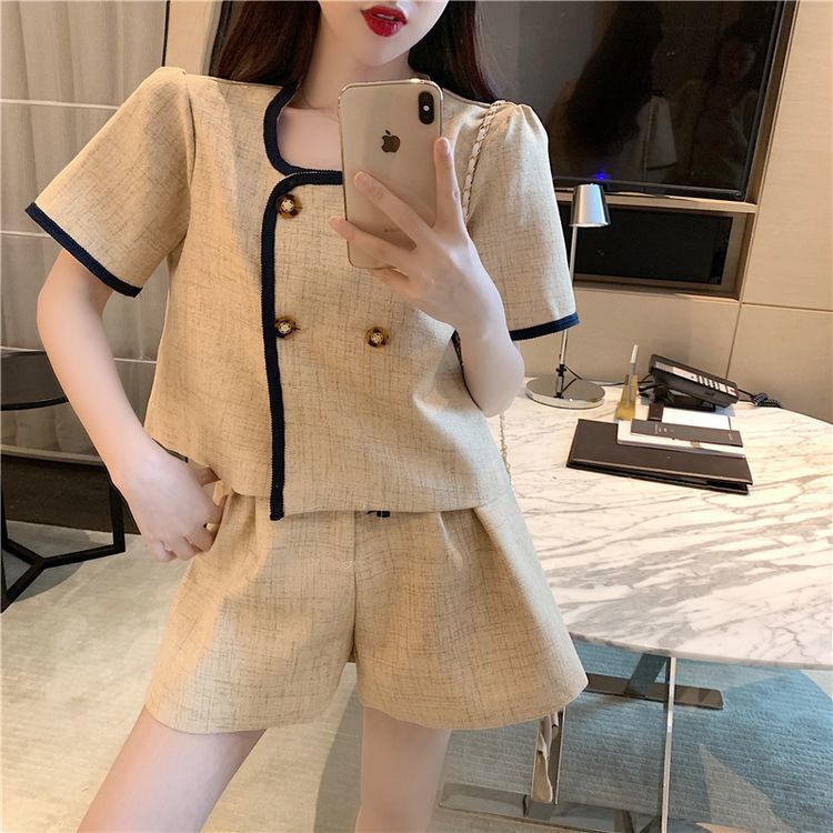 Summer Plus Size Office Lady Sets Square Neck Short Sleeve Jacket Double Breasted Wide Leg Shorts Casual Vintage Matching 210429