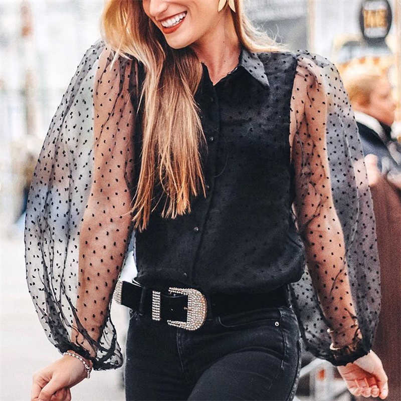 EXQJ Elegant Women Transparent Puff Sleeve Shirts Fashion Ladies Black Polka Dot Tops Sweet Female Chic Patchwork Blouses 210527
