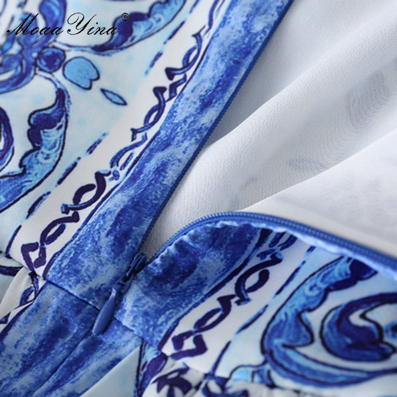 Fashion blue white porcelain print summer dress spaghetti strap front buttons slim casual dresses 210524