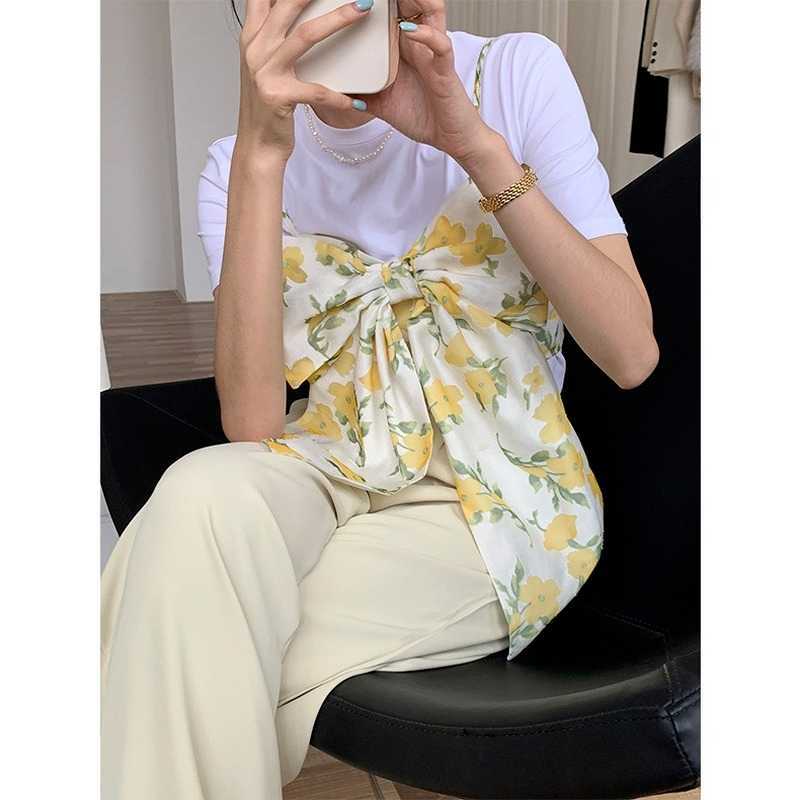 Bow Decoration Flower Print Camisole for Women Fashion Sweet Fresh Cute Patchwork Vests Elegant Temperament All-match Woman Tops 210525
