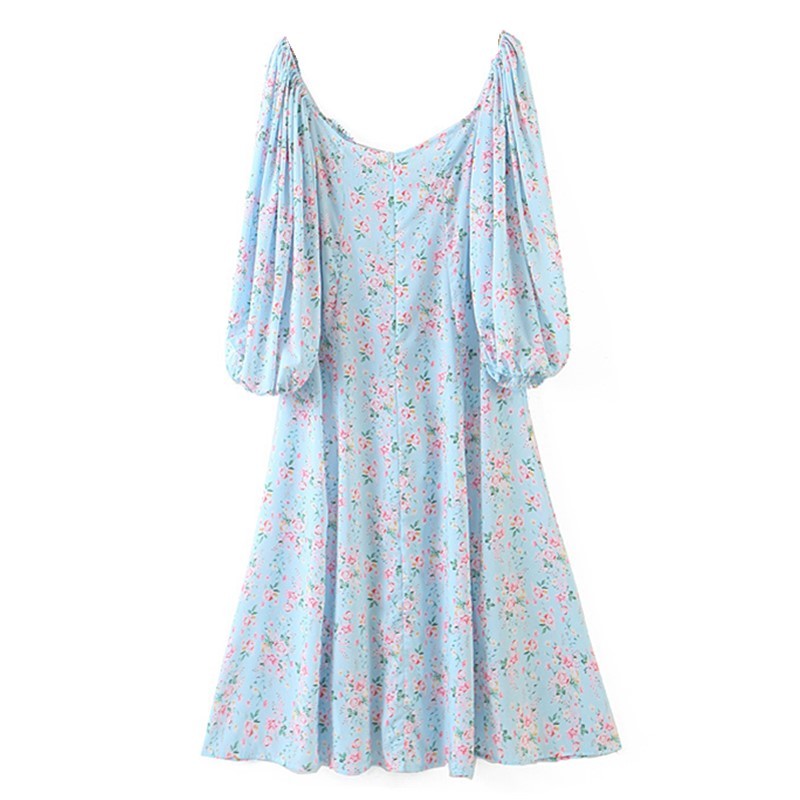 Retro Skyblue Floral Print Voilet Midi Dress Women V neck Bandage Lantern Long Sleeve Button Slit Off Shoulder Dresses 210429