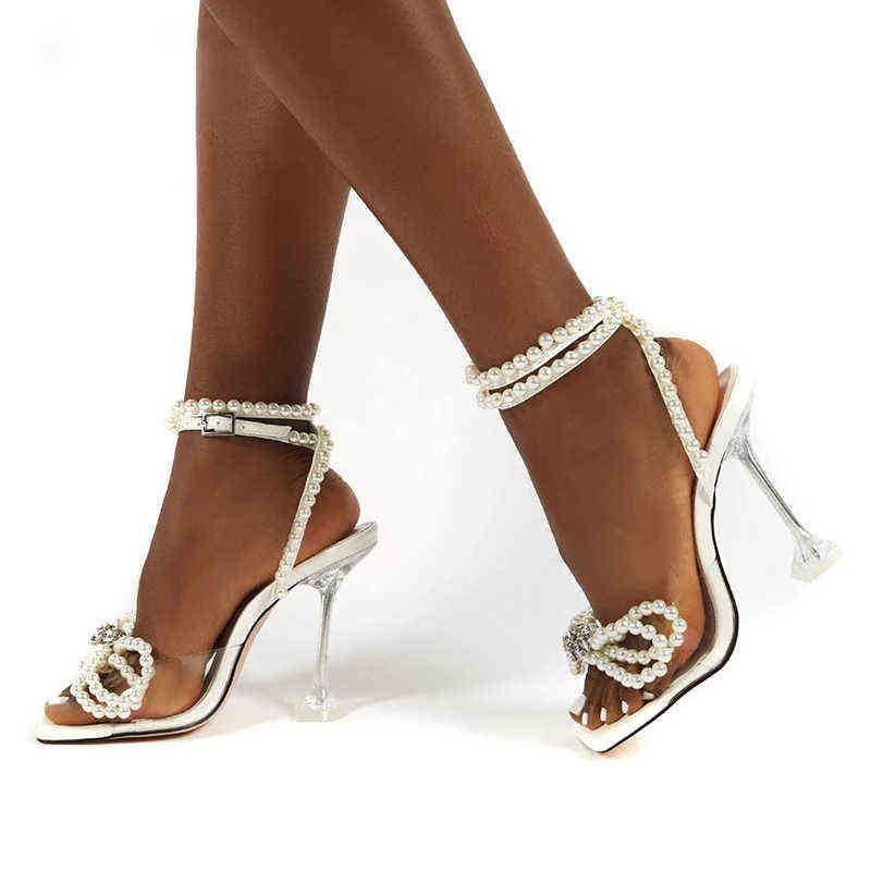2022 NEW Sandals Women Shoes Spike Heel Open Toe Pearl Butterfly-Knot Clear Transparent High Heels Ankle Strap Buckle Pumps Y220209