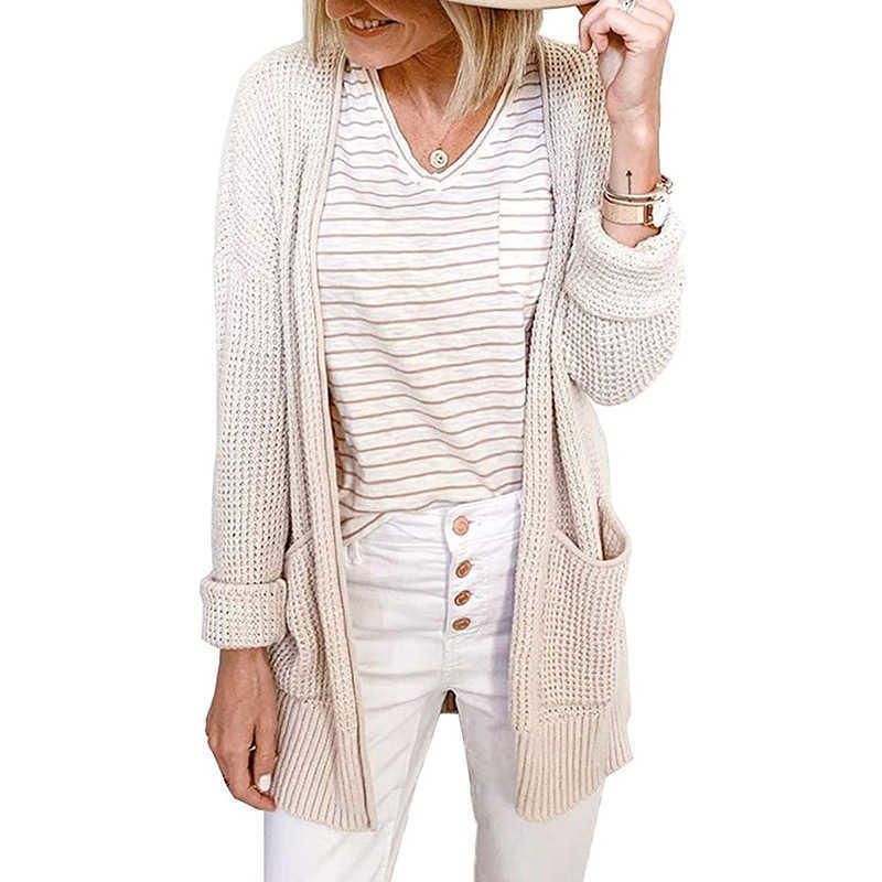 Korean Style Ladies Autumn Winter Loose Slim Sweater Cardigan For Women Mesh Plaid Pattern Pockets V-Neck Knitted 210604