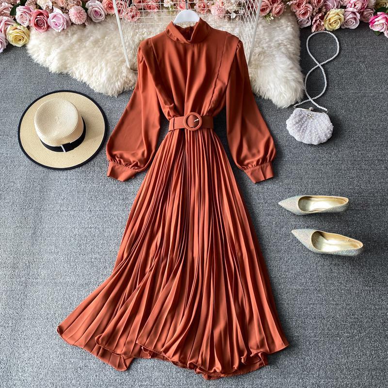 Spring Autumn Vestidos Collect Waist Stand Collar Pure Color Comfort Dress Women Elegant Dresses Lantern Sleeve Fashion Outwear 210521