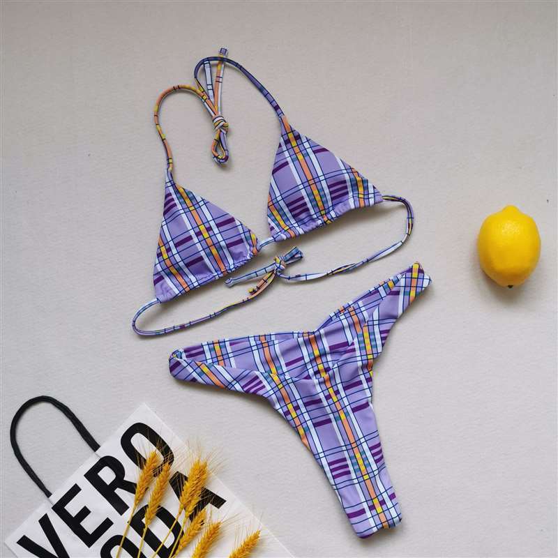 Sexy Women Push Up Bikini Set Purple Swimwear Swimsuit Girl High Cut Bathing Suit Summer Biquini Beach Wear Bikinis Gingham 210520