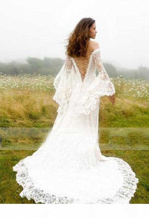 Vintage Wedding Dresses Long Poet Sleeves Lace Applique Corset Back Off the Shoulder Sweep Train Custom Made Country Bridal Gown Vestido De Novia
