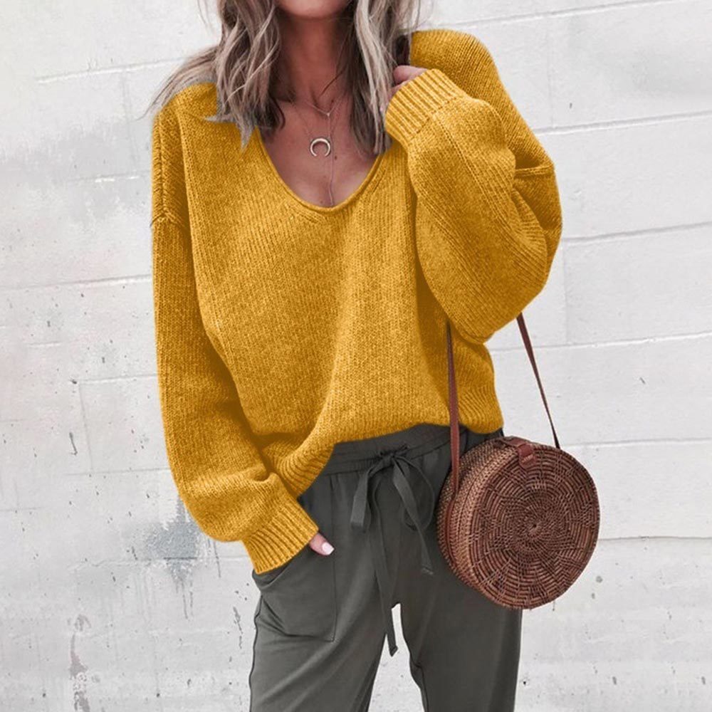 Women Sexy Long Sleeve V Neck Knitted Sweater Casual Solid Black Loose Pullover Vintage Streetwear Jumper 210428