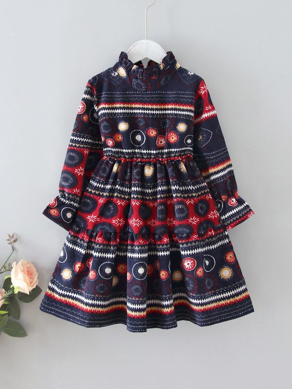 Toddler Girls Ruffle Neck Allover Print Corduroy Dress SHE