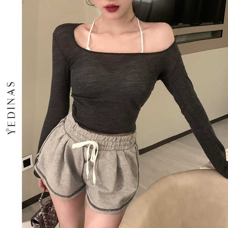 Yedinas Summer Long Sleeve Cropped Tops Thin Sun Protection Shirt Wide Collar See Through Mesh T-shirts Women Slim Sexy T 210527