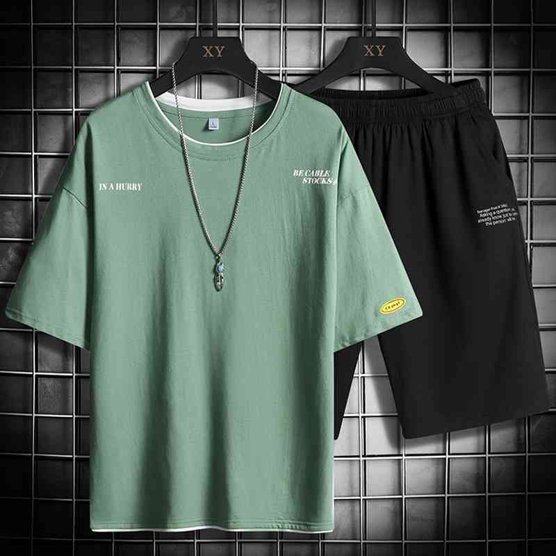 Men's Tracksuit Sets Summer Print Harajuku Solid Short T -Shirts+Shorts Fashion Sports Suit Male Streetwear 2 Piece Outfit 210603