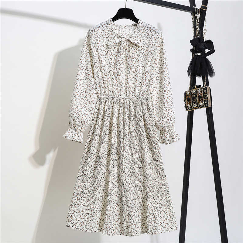 Women Casual Autumn Winter Dress Long Sleeve Bow Collar Lady Korean Style Vintage Floral Printed Chiffon Shirt Long Dresses 210630