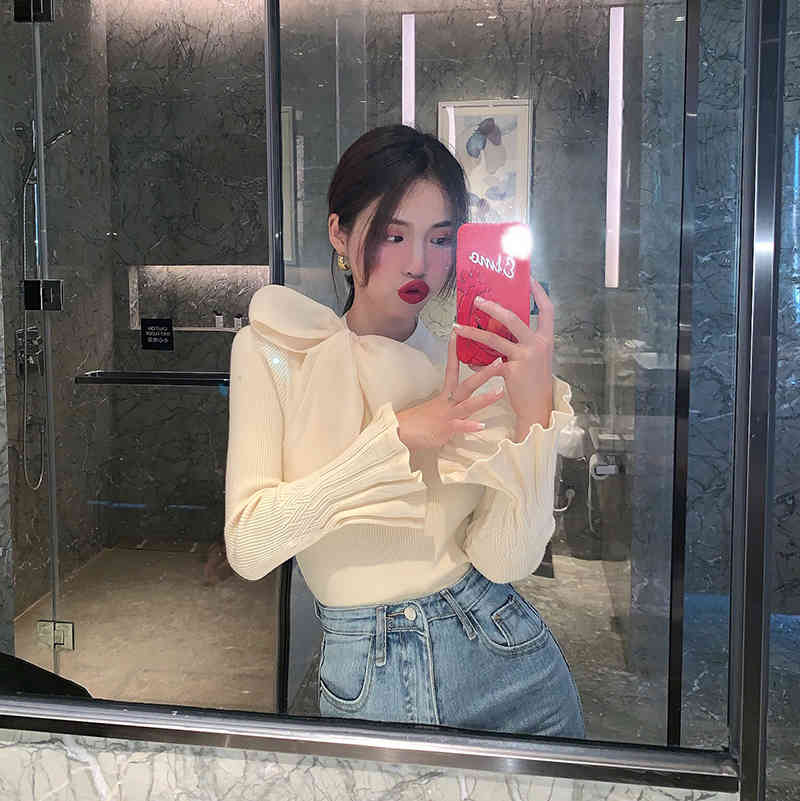 Women Pullovers Sweater Korean Elegant Bow Lacing Knitted Fashion Bottoming Jumper Office Ladies Tops Pull Femme 210519