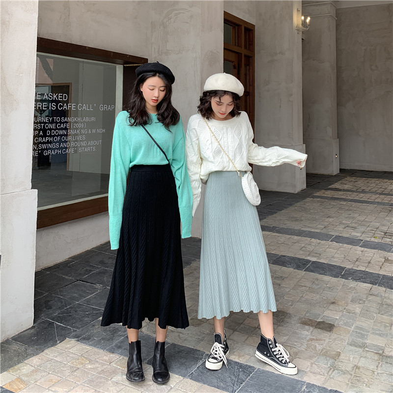 Nomikuma Knitted Women Skirt Korean Solid High Waisted A-line Midi Sweater Skirt Autumn New Causal Faldas Mujer Moda 6C058 210427