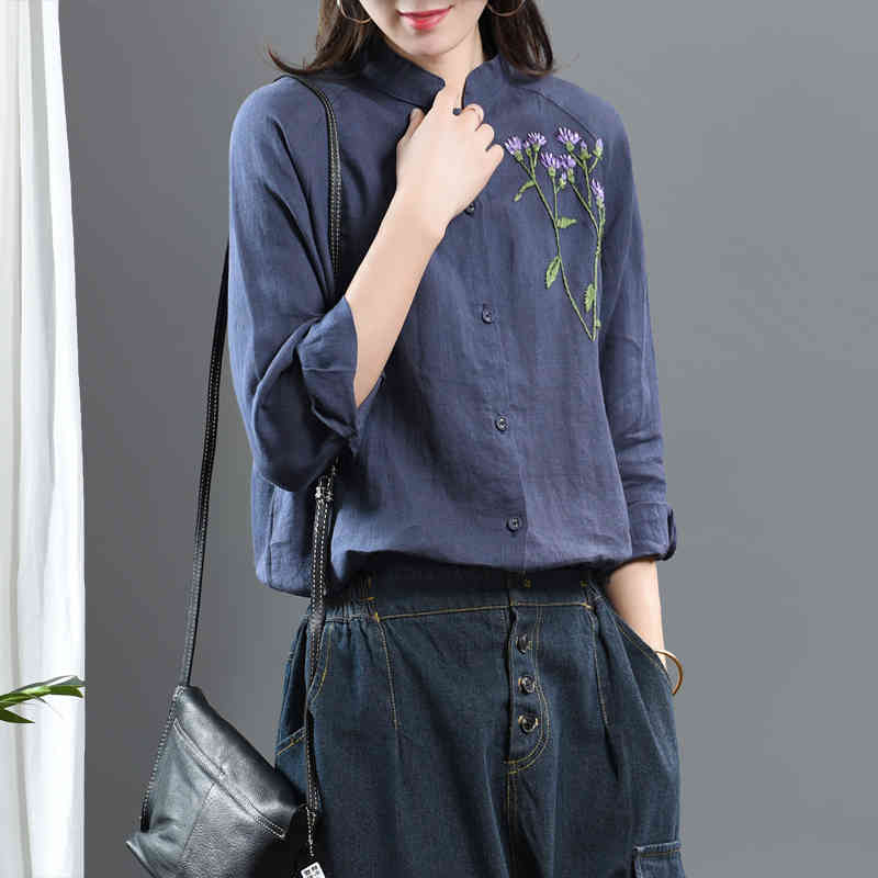 Johnature Women Embroidery Floral Vintage Shirts Stand Long Sleeve Solid Color Spring Ramie Button Women Casual Shirts 210521, Light blue
Johnature Women Embroidery Floral Vintage Shirts Stand Long Sleeve Solid Color Spring Ramie Button Women Casual Shirts 210521, Light blue