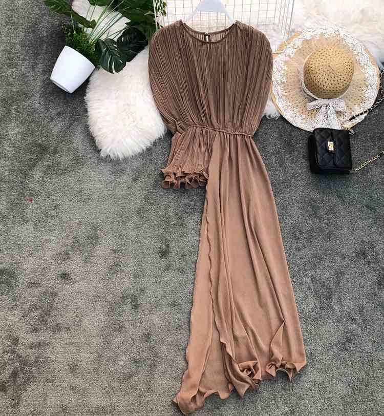 Women Elegant Office Solid Short Sleeve Shirt Casual Top Ladies Asymmetrical Ruffle Pleated Chiffon Blouse Korean Fashion 210519
