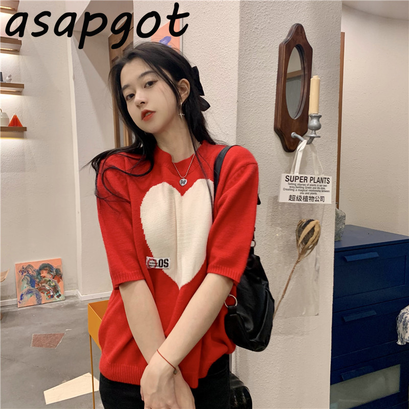 Sweaters&Jumpers Pullovers O Neck Short Sleeve Sweater Love Heart Kniited Top Chic Sweet Fashion Casual Japan Style Spring 210429