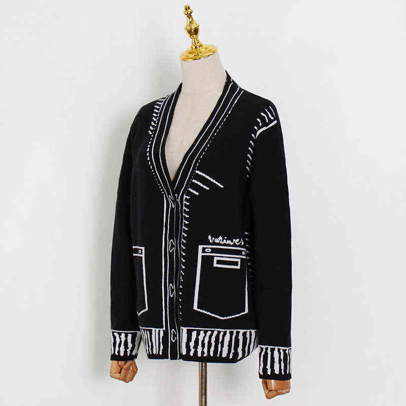 CHICEVER Casual Loose Sweaters For Women Print V Neck Long Sleeve Plus Size Elegant Cardigans Female Fashion Clothing Style 211117