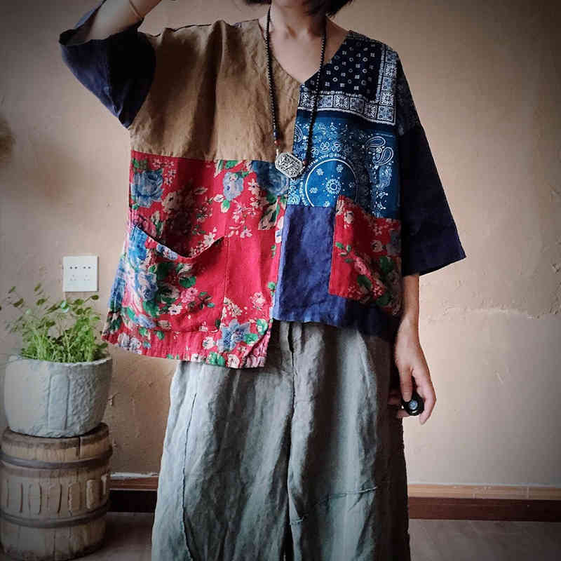 Johnature Autumn Patchwork Print Tops V-Neck Vintage Three Quarter Sleeve Linen Women Casual Loose Pockets T-shirts 210521
Johnature Autumn Patchwork Print Tops V-Neck Vintage Three Quarter Sleeve Linen Women Casual Loose Pockets T-shirts 210521