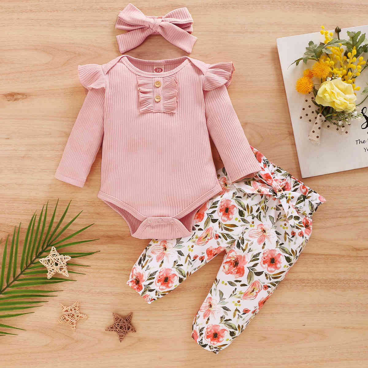 3-24M Autumn Spring born Infant Toddler Baby Girl Flower Clothes Set Knitted Romper Floral Pant Outfits Clothing 210515