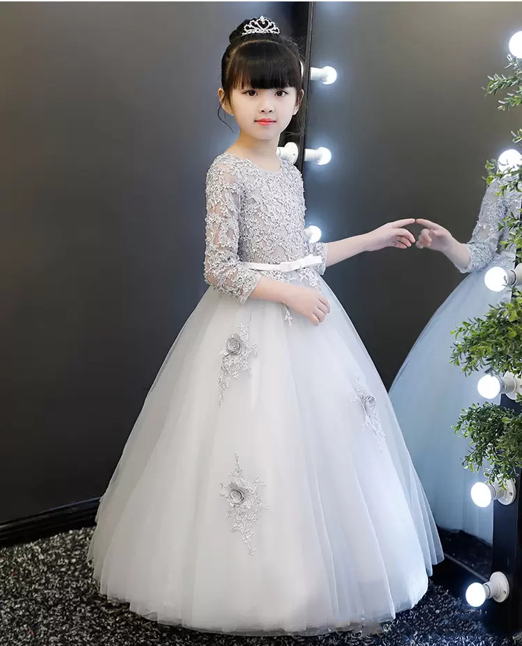 Lovely Silver 3/4 Sleeves Applique Girl's Pageant Flower Girl Dresses Princess Party Dresses Child Skirt Custom Made 2-14