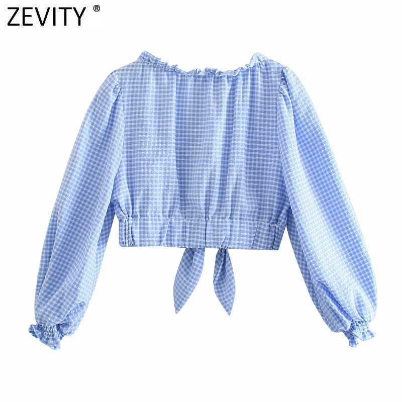Zevity Women Sweet Agaric Lace Plaid Print Hem Knotted Short Shirt Female Lantern Sleeve Blouse Roupas Chic Crop Tops LS9345 210603