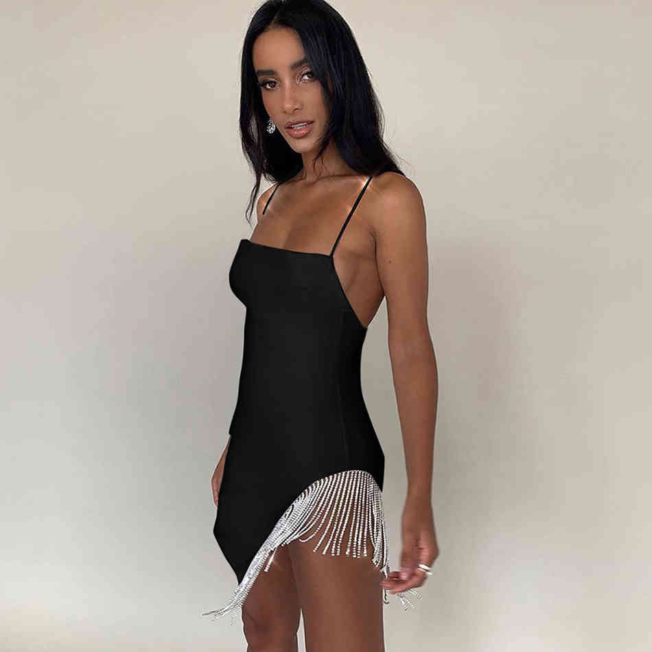 Summer Women Spaghetti Strap Dress Sexy Sleeveless White Tassel Elegant Celebrity Evening Runway Club Party 210423