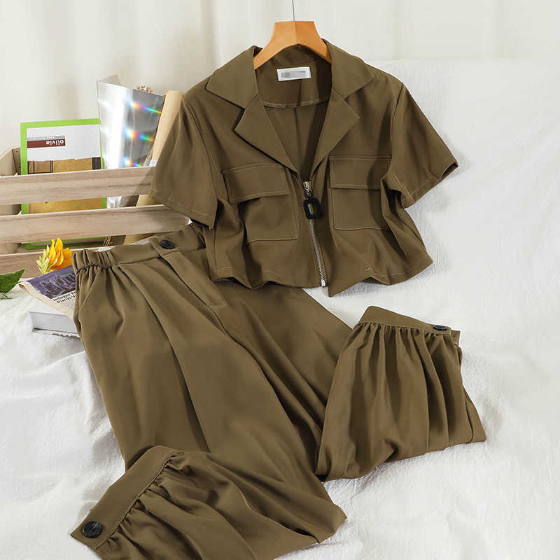 DEAT Women Notched Neck Zipper Long Pants Arrivals Two Piece Set Fashion Temperament Spring Summer 11D844 210709