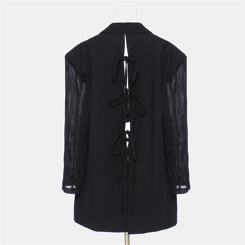 DEAT New Spring And Summer Fashion Casual Button Loose Back Open Back Lace Up Pleated Sleeve Blazer Coat Women SH640 210428