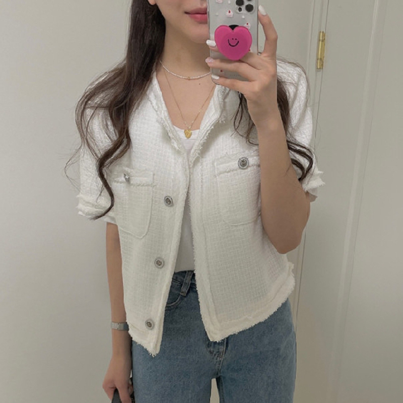 Women Jacket Summer Korean Chic French Retro Round Neck Raw Edge Design Single-Breasted Loose Short Pocket Coat 210514