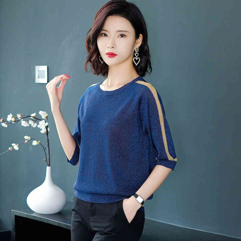 O-Neck Short Sleeve Bright Silk Knitted T-Shirt Women Thin Side Stripe Pullover Female Plus Size 4XL Summer Loose Knitwear Tops 210522