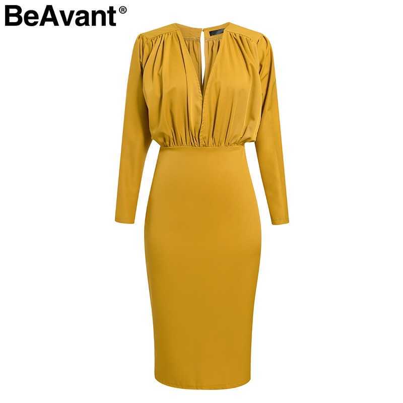 BeAvant Elegant bodycon autumn office dress women V neck batwing sleeve female mermaid dresses High waist slim ladies vestidos 210709