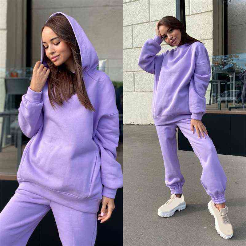Two Piece Set Casual Fleece Tracksuit Women Winter Women's Sets Hooded Long Sleeve Hoodie Sport Pants Lady Suit 211105