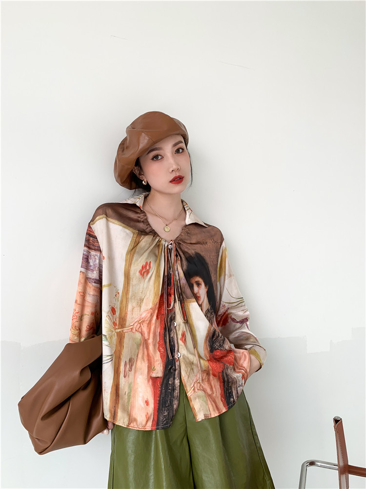 Vintage Top Oil Painting Long Sleeve Satin Blouse Women Tie Neck Button Up Collar Shirt Spring Fashion Clothing 210427