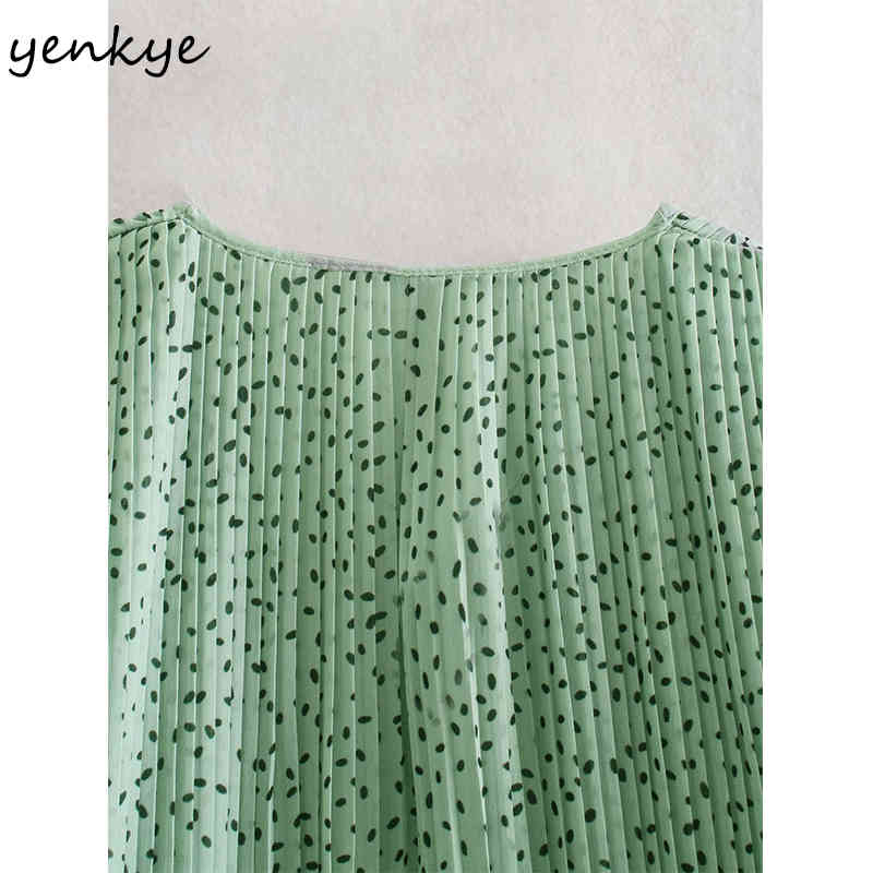 YENKYE Spring Women Vintage Print Pleated Chiffon Dress Female V Neck Long Sleeve Free Belt Dress Casual Midi Vestido Plus Size 210515