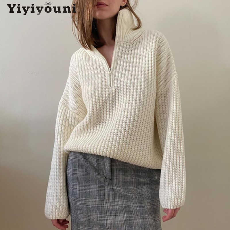Yiyiyouni Zipper Polo Collar Knitted Oversized Sweater Women Autumn Winter Casual Thick Pullovers Female Loose White Jumper 210918