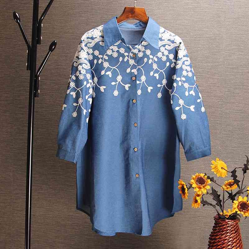Spring Denim Shirts Women Embroidered Pluz Sized Three-Quarter Sleeve Ladis Blouses and Tops Fashion Clothing 210615, Blue
Spring Denim Shirts Women Embroidered Pluz Sized Three-Quarter Sleeve Ladis Blouses and Tops Fashion Clothing 210615, Blue