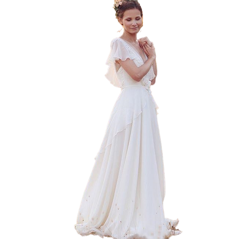 Bohemian Hippie Style Country Wedding Dress Long 2022 Beach Boho A Line Lace Chiffon Bridal Gowns Sexy Backless White Bride Dresses