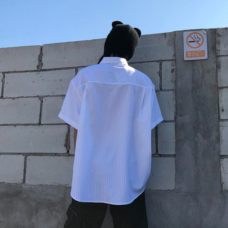 IEFB Men's High Street Love Embroidery High-grade Short Sleeve Shirt Summer Fashion White Striped Shirt Couple 9Y5507 210524