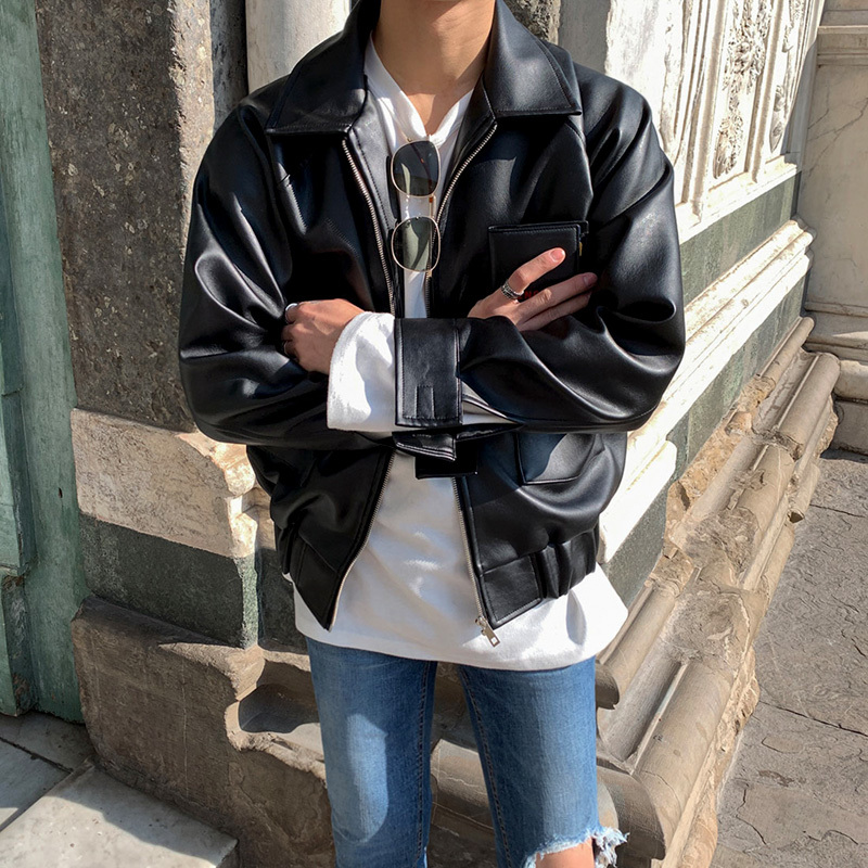 IEFB Men's PU Leather Clothing Korean Fashion Loose Motorcycle Clothing Spring Causal Coat Zipper Coat 9Y5686 210524