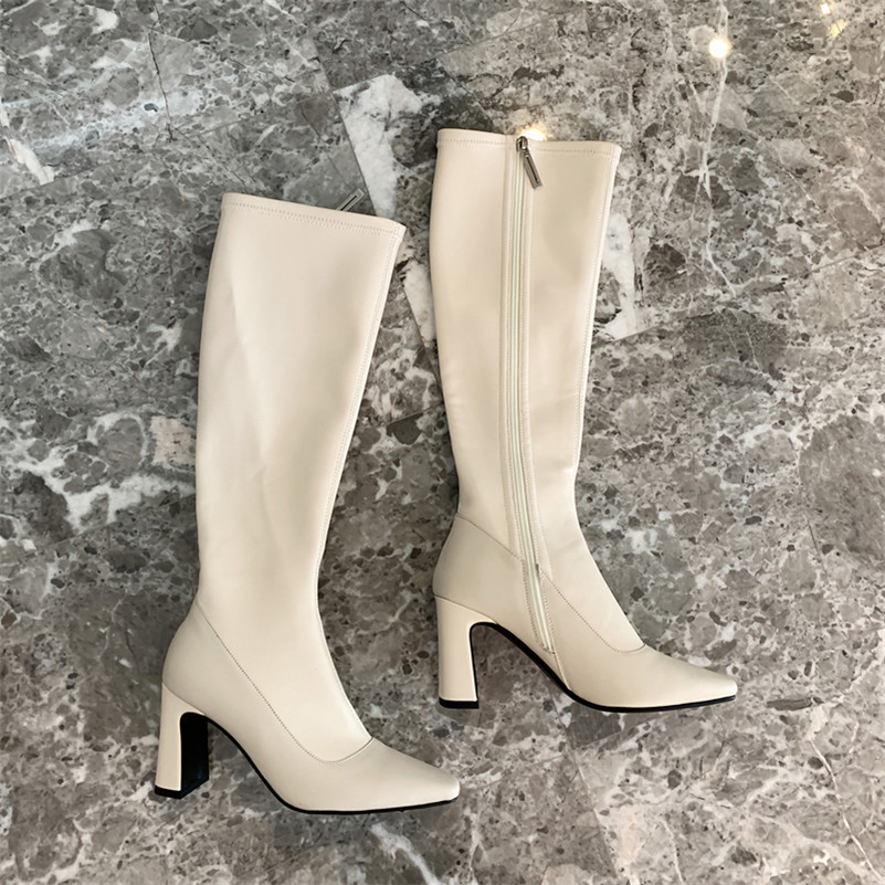 Meotina Winter Knee High Boots Women Natural Genuine Leather Thick Heel Long Boots Zip Super High Heel Shoes Lady Autumn Size 43 210520